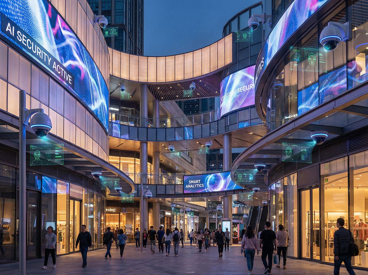 Security operations center with multiple AI-powered surveillance camera feeds on wall displays