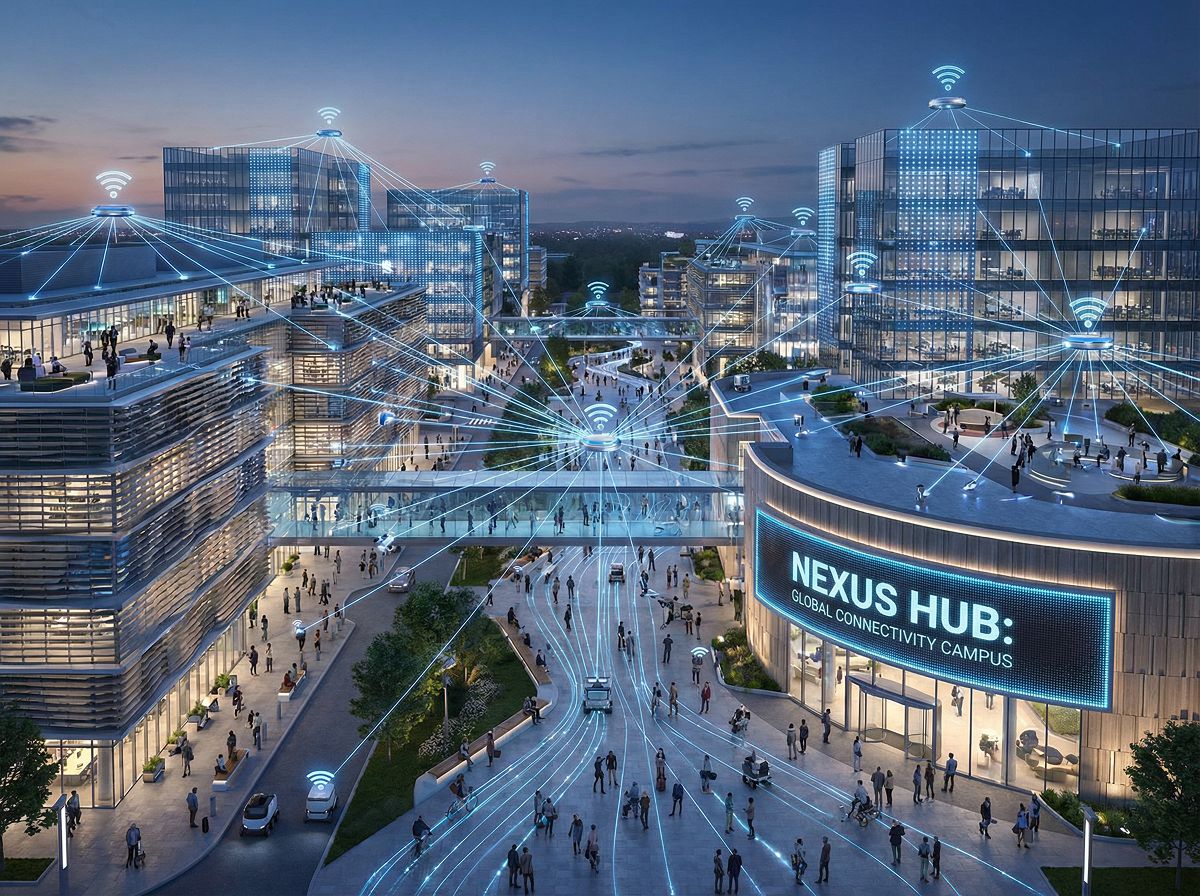 Overhead view of a corporate campus with enterprise WiFi access points across multiple buildings