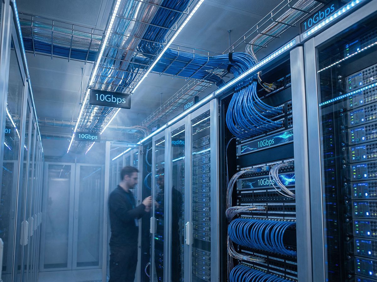 Organised racks and structured cabling inside a modern enterprise data center