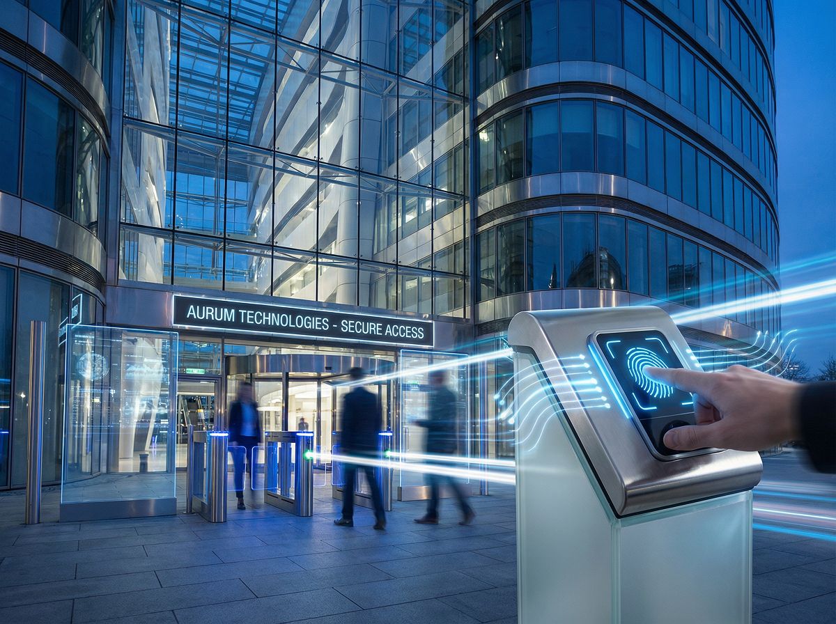 Modern biometric access control devices installed at multiple secured office entrances